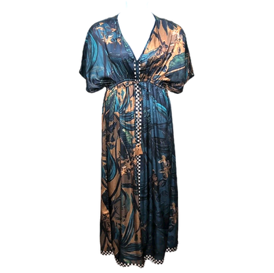 World Market Maxi Kaftan Caftan Dress L/XL Teal Gold Floral Empire Waist  Tassels | eBay