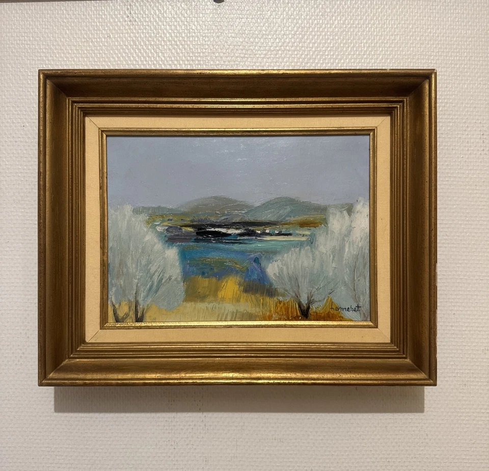 Tableau Ancien Paysage Encadré « La Plaine Bleu » Signé HEMERET - Titré Au Dos - Photo 1/4