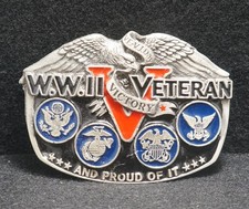 WA03170 VINTAGE 1988  WWII VETERAN  PROUD OF IT  PEWTER BUCKLE