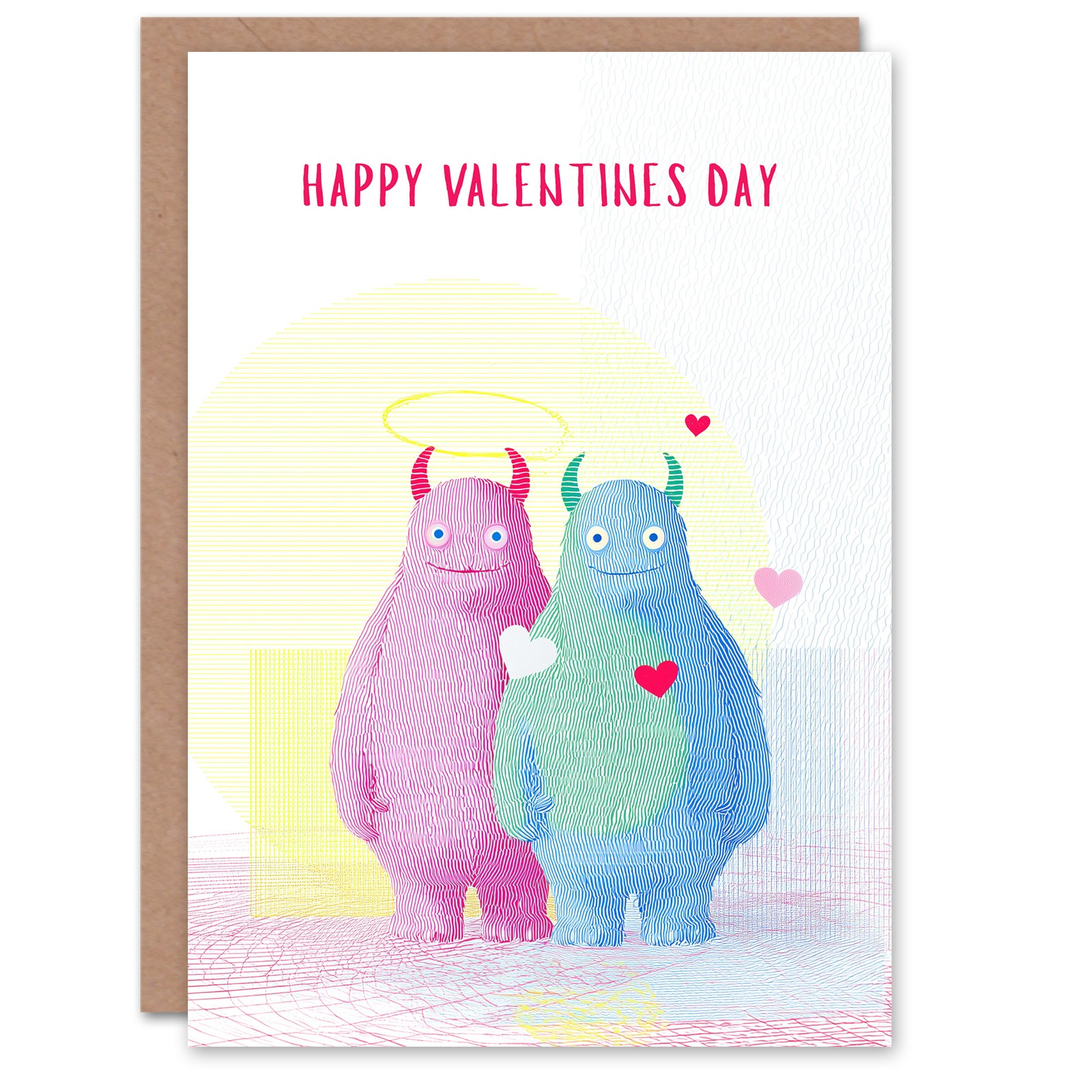 Cute Monster Couple Vibrant Line Art Illustration Valentine's Day Card