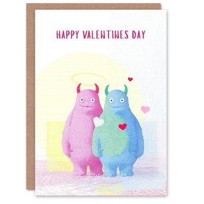 Süßes Monster Paar lebendige Line Art Illustration Valentinstag Karte