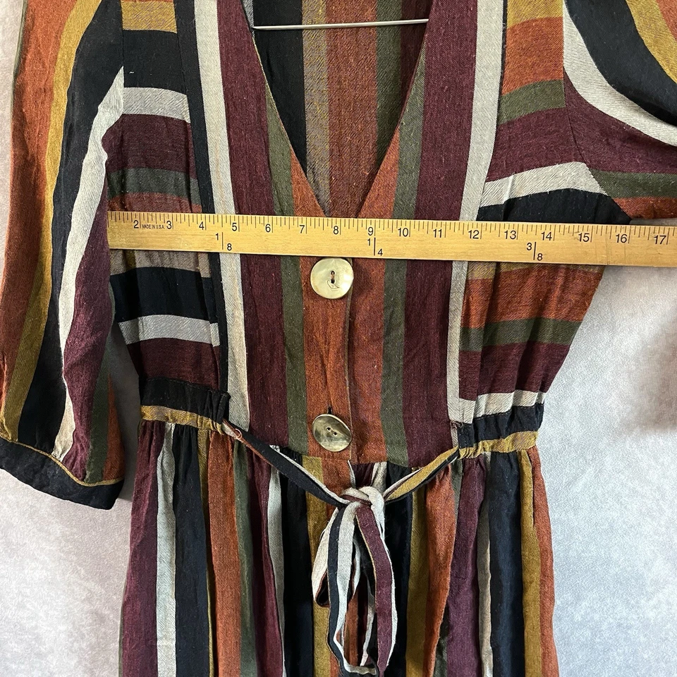 Vestido Zara Midi Mujer Mediano Marrón Borgoña Negro Rayas Corbata Cintura Botones Grandes Foto 4 de 4