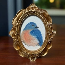 ORIGINAL Eastern Bluebird watercolor painting in mini vintage style ornate frame