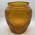 Vintage Amber Sandwich Glass Cookie Jar No Lid Vase Daisy Honey Gold
