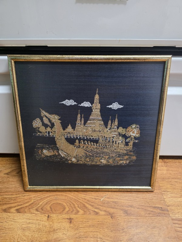 Vintage Thai Silk Painting of Wat Arun in Bangkok In Frame