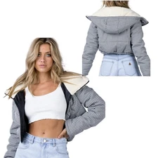 PRINCESS POLLY The Kier Black White Check Puffer Jacket Sherpa Hood Size L-XL