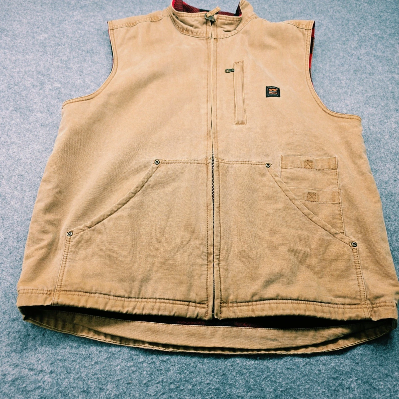 Walls Outdoor Goods Mens XL Canvas Work Vest Buffalo Plaid Fleece Lined Tan image 8