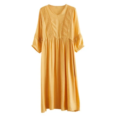 Damen Ethnisch Baumwollkleid Midi Dreiviertel Arm Locker Freizeit Baggy Retro - Bild 1 von 4