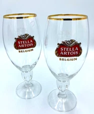Stella Artois Belgium Chalice Glasses Pair of 2 Beer Goblets Gold Rim 50 Cl