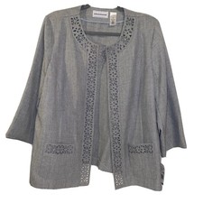 nwt 68 Alfred Dunner light gray blazer jacket cutwork open drape women's 16