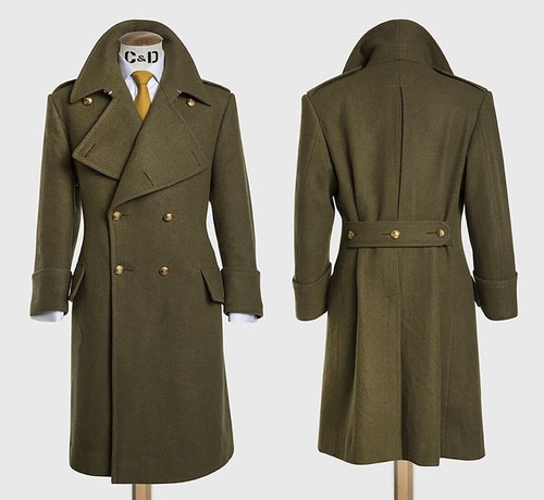 Armeegrün Wolle Herren Langer Mantel Zweireiher Weites Revers Outdoor Warm Coat - Bild 1 von 5