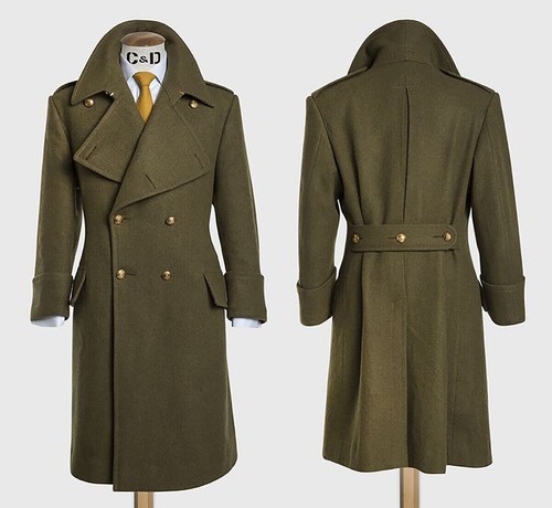 Army Green Wool Men's Long Overcoat Double Breasted Wide Lapel Outdoor Warm Coat - Picture 1 of 7