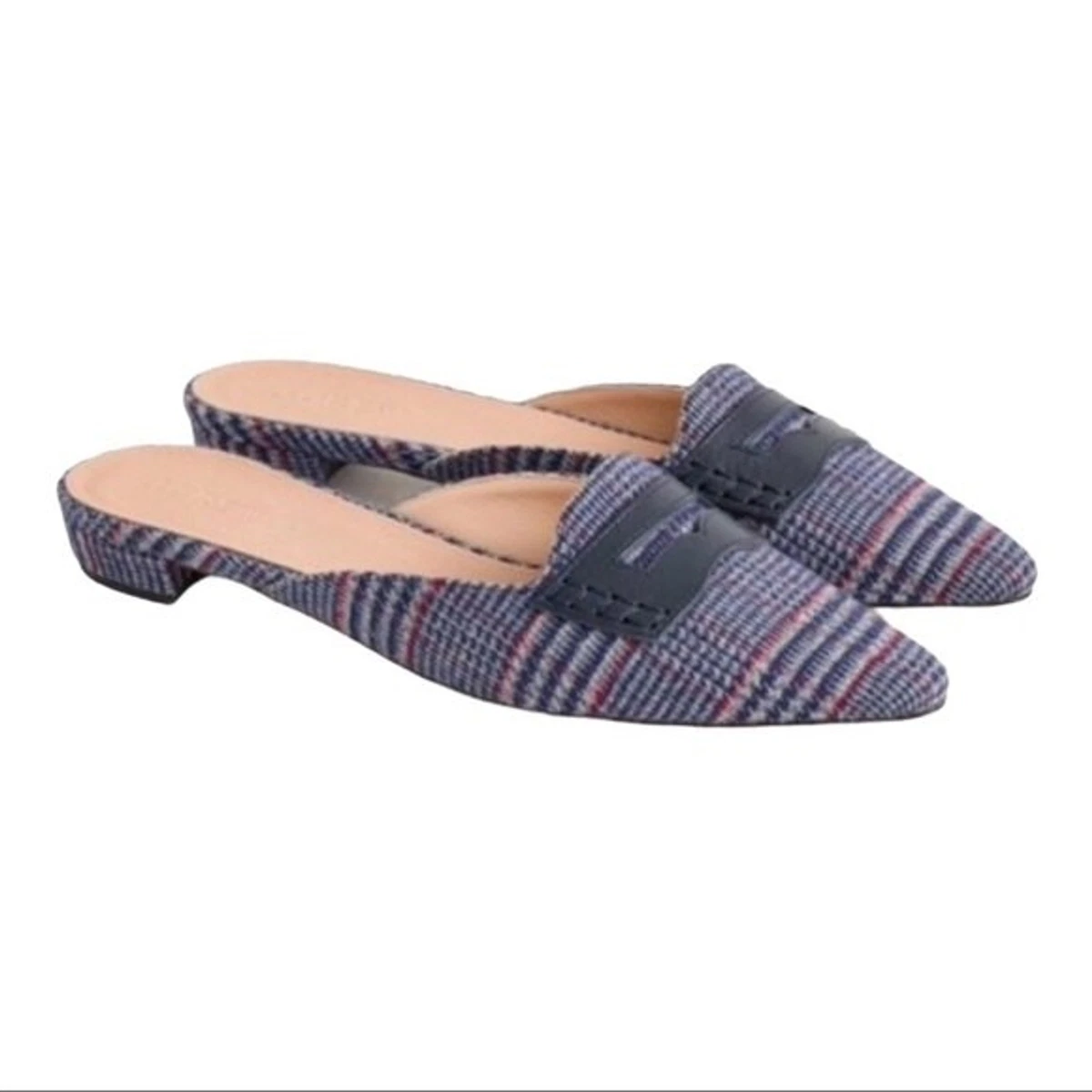 J. Crew Tweed Loafer Navy Blue Plaid Slip-On Mules Flats