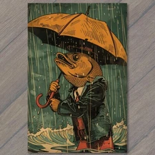 4x6"  Fish Man Human Rain Umbrella Weird Strange Funny Ironic Out Of Water