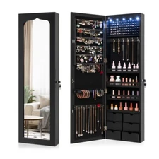 6 Drawer Lockable Bedroom Mirror Jewelry Armoire Organizer Wall Mounted w/ 5 LED