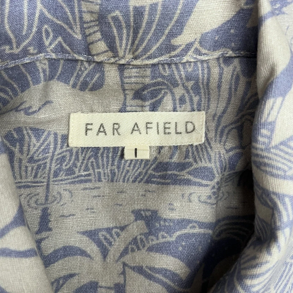 Far Afield Men's Sz 1 Hawaiian Shirt Blue/Taupe Linen Flamingo Iguana Floral euc - Image 3 of 4
