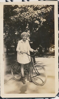 Snapshot Vintage Photo Little Girl Bicycle Bike Dress Beret Smile Outdoors Tree