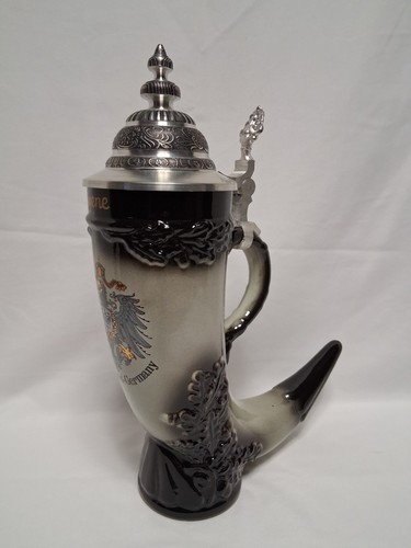 Vintage German Drinking Horn Beer Stein with Pewter Lid Imperial Eagle Crest