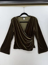 MSK Surplice Wrap Top Size L Lush Jewel Green Velvet Trumpet Sleeve Stretch