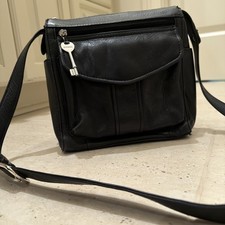 Vtg Fossil Black Leather Crossbody Shoulder Bag 75082 Key Excellent Condition