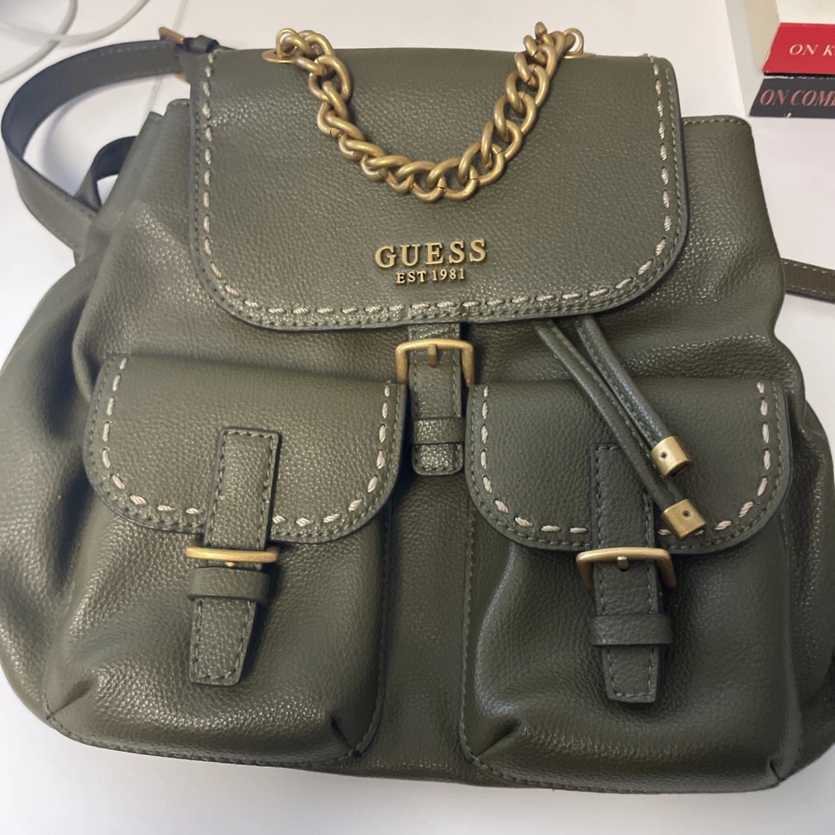 Guess LA brown leather backpack many pockets drawstring design flaw GUESS backpack Power Play Tech Backpack L Brown Logo | Buy  main image 3
