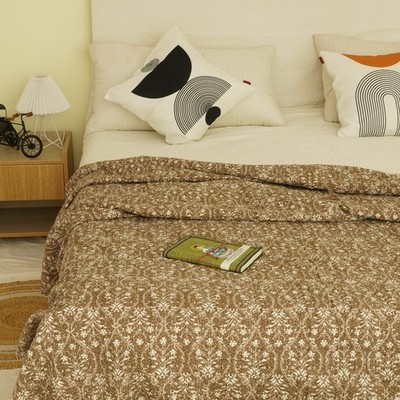 Brown Floral Block Print Kantha Quilt Handmade Cotton Bedspread Lightweight Two 