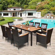 Stylish 9-Piece Outdoor Wicker Dining Set with Cushions  Wood Table