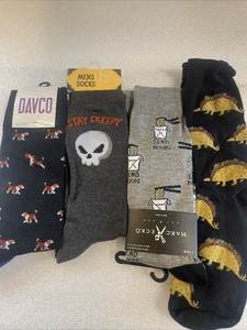 Junk Lot Of 4 Fun Novelty Socks - Send Noods, Stay Creepy, Taco Dinosaur