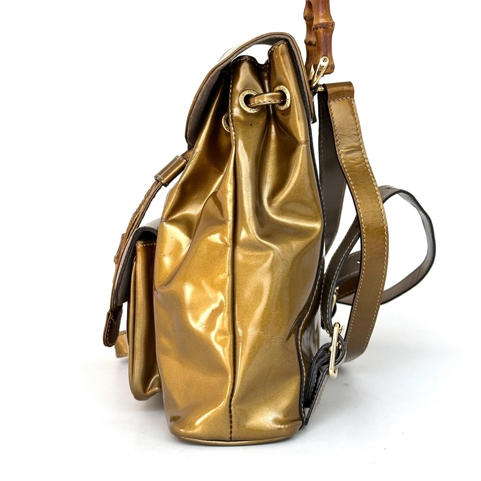 GUCCI Mochila Bambú Dorado Charol Esmalte Cartera Auténtica de Japón Foto 4 de 4