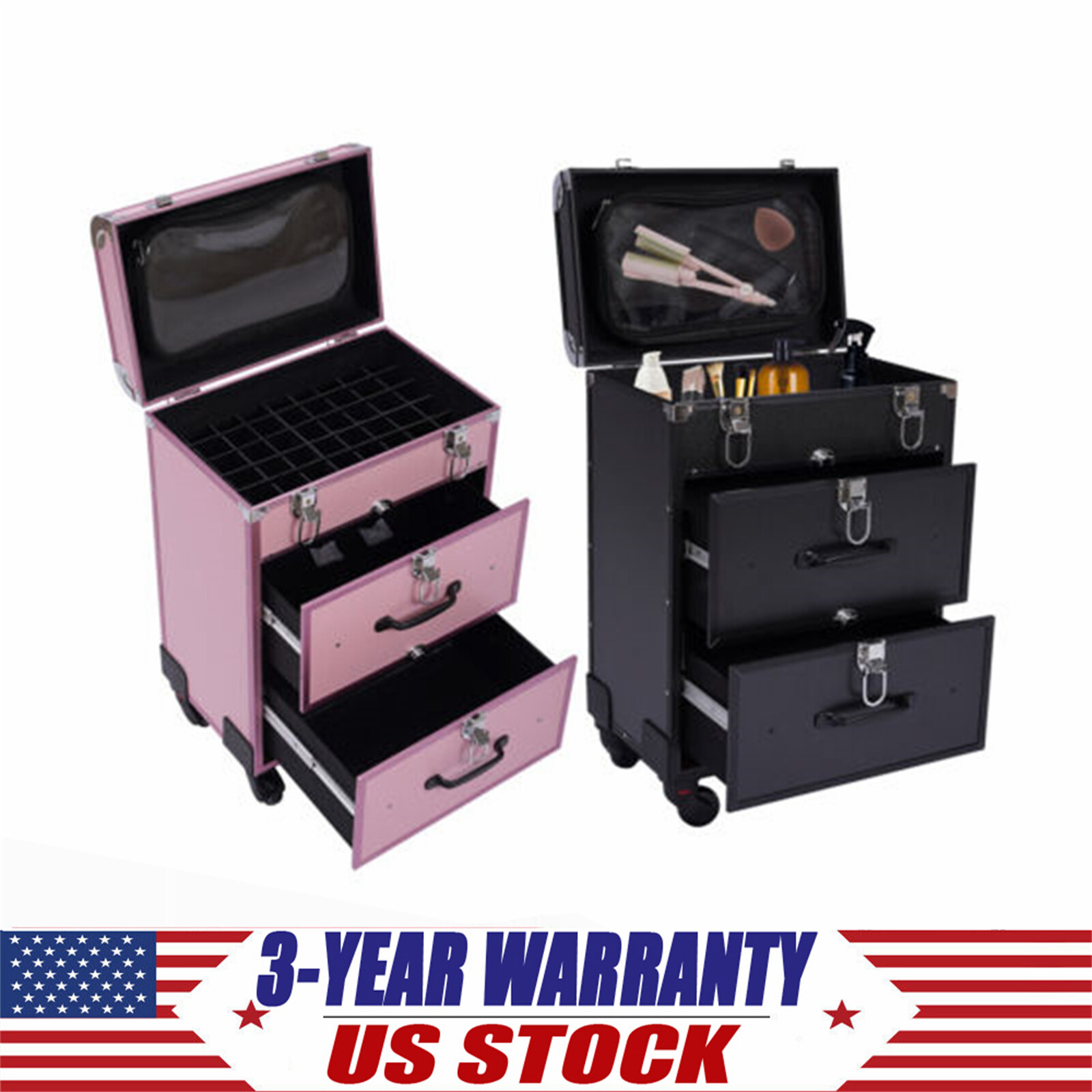 Rolling Makeup Train Case Cosmetic Professional Trolley Makeup Storage Organizer