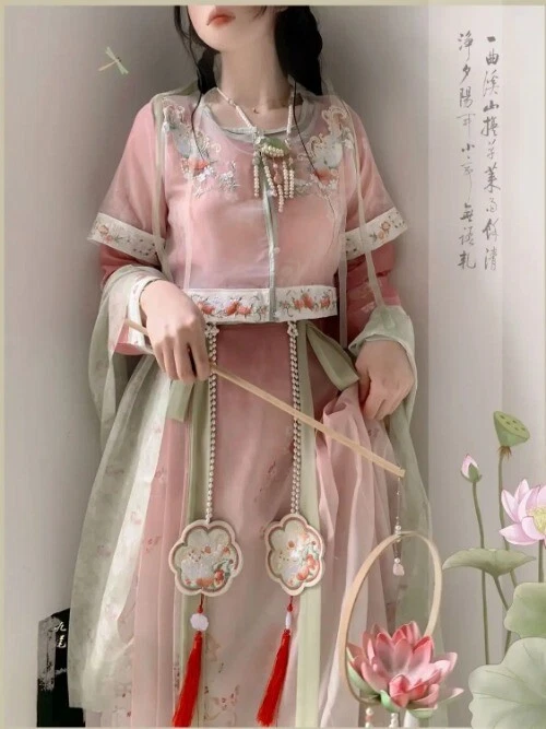 VETEMENTS Abito cinese Hanfu ricamo rosa quotidiano stile carino pezzo unico vestiti abiti