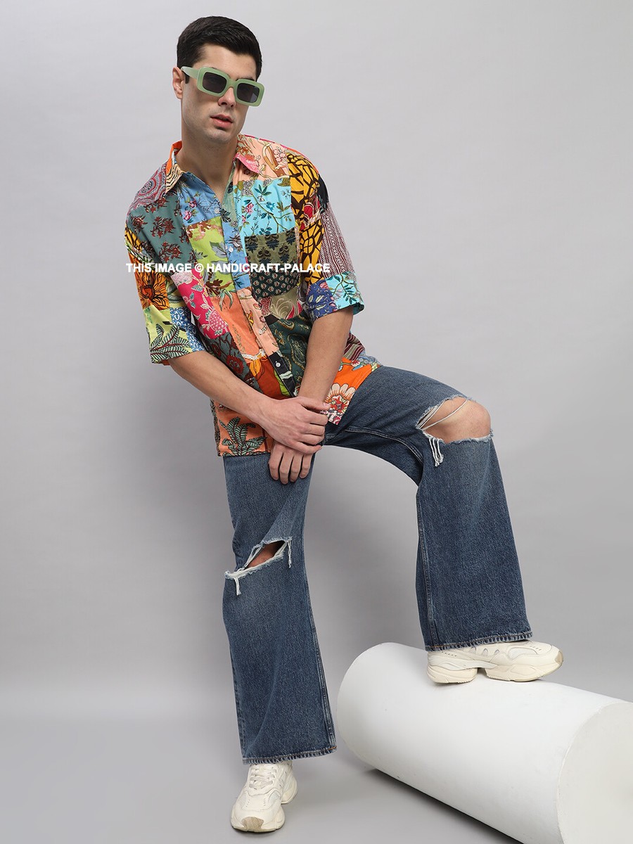Men's Oversized Patchwork Casual T Shirts Beach Party Multi