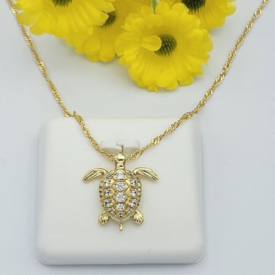 Round Simulated Diamond 925 Silver Unisex Turtle Pendant 14k Yellow Gold Plated