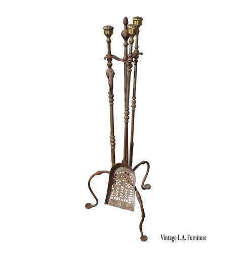 Vintage French Country Iron Fireplace Tools w Brass Handles ~ Set of Three