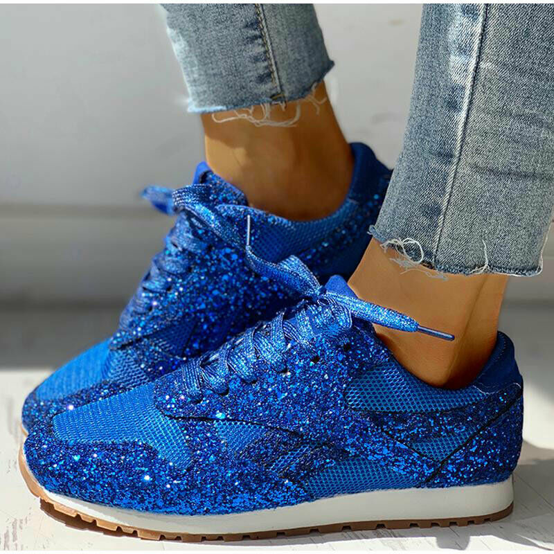 Women Round Toe Wedge Trainers Glitter Sneakers Mesh Flat Sport
