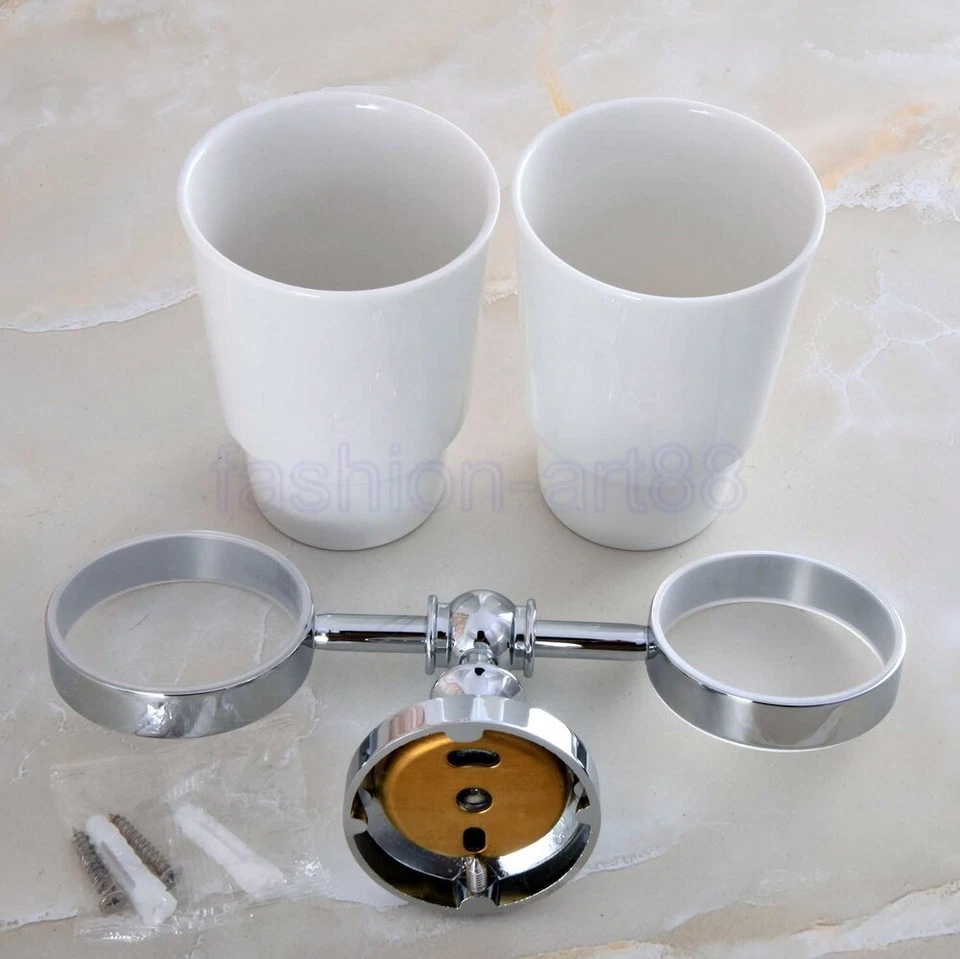 Polished Chrome Wall Mounted Bathroom Toothbrush Holder Set Ceramic Cups fba798 Foto 3 de 4