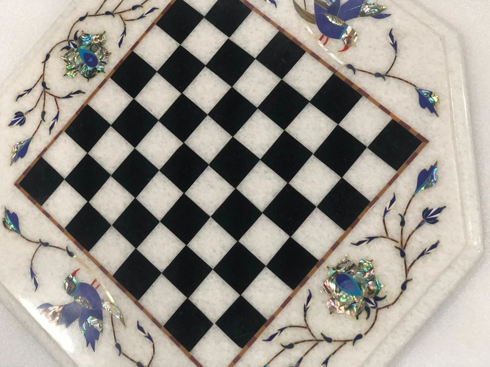12" White Marble Chess Game Set Table Abalone Shell Birds Floral Inlay Art Decor - Image 2 of 4