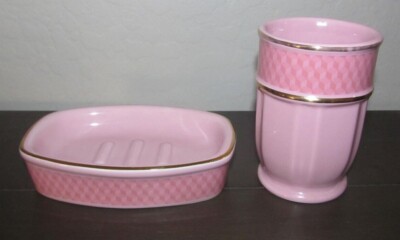 Vanity Soap Dish Rinse Cup Illusion Porcelain Pink & Gold ROYAL VELVET 