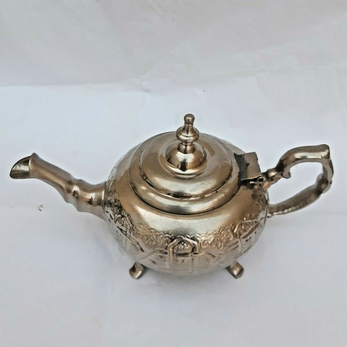 Vintage Handmade Brass Silver Plated Round Royal Moroccan Signed Engraved Teapot - Picture 6 of 12