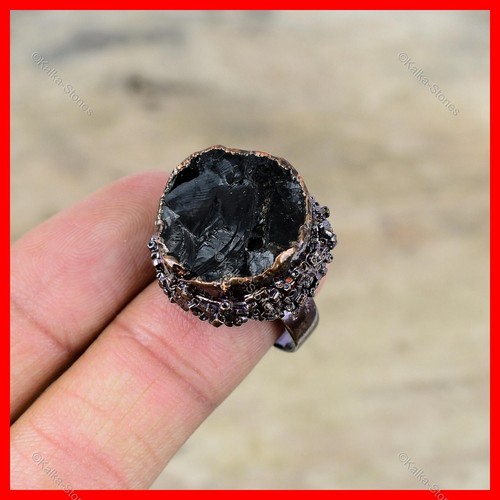 Copper Black Tourmaline Rough Gemstone Solitaire Wife Electroformed Ring Jewelry - Picture 4 of 6