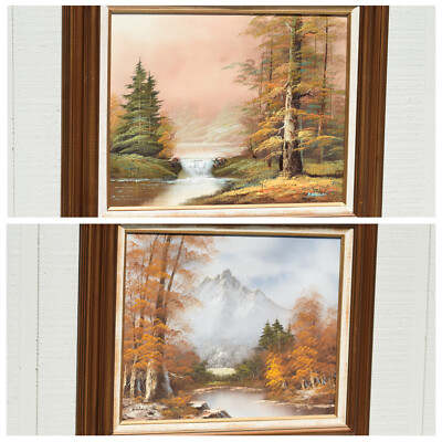 絵画 Brown Mountain LOT 2 VINTAGE FOREST MOUNTAIN RIVER LANDSCAPE PAINTINGS