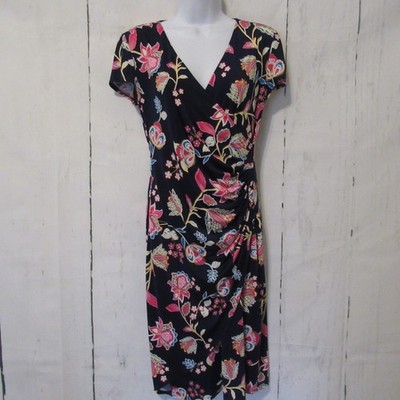 Joseph Ribkoff Dress 6 Blue Floral Faux Wrap Ruched V Neck Midi Stretch Packable