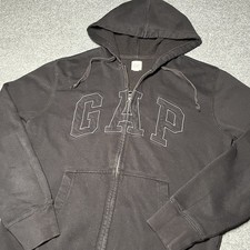 GAP Hoodie Mens Small Black Full Zip Spell Out Logo Fleece Sweatshirt Cotton