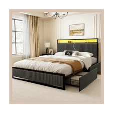 Queen Size Bed Frame with Headboard and 2 Drawers Storage, Upholstered