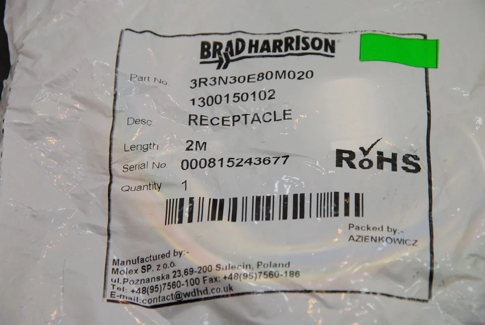 Brad / Molex 1300150102 (3R3N30E80M020) 19 polos recepción F, 2M L - NUEVO Foto 2 de 4