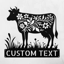 Personalized Floral Cow Metal Wall Art Sign Custom Home Decor Cow Lovers Gifts