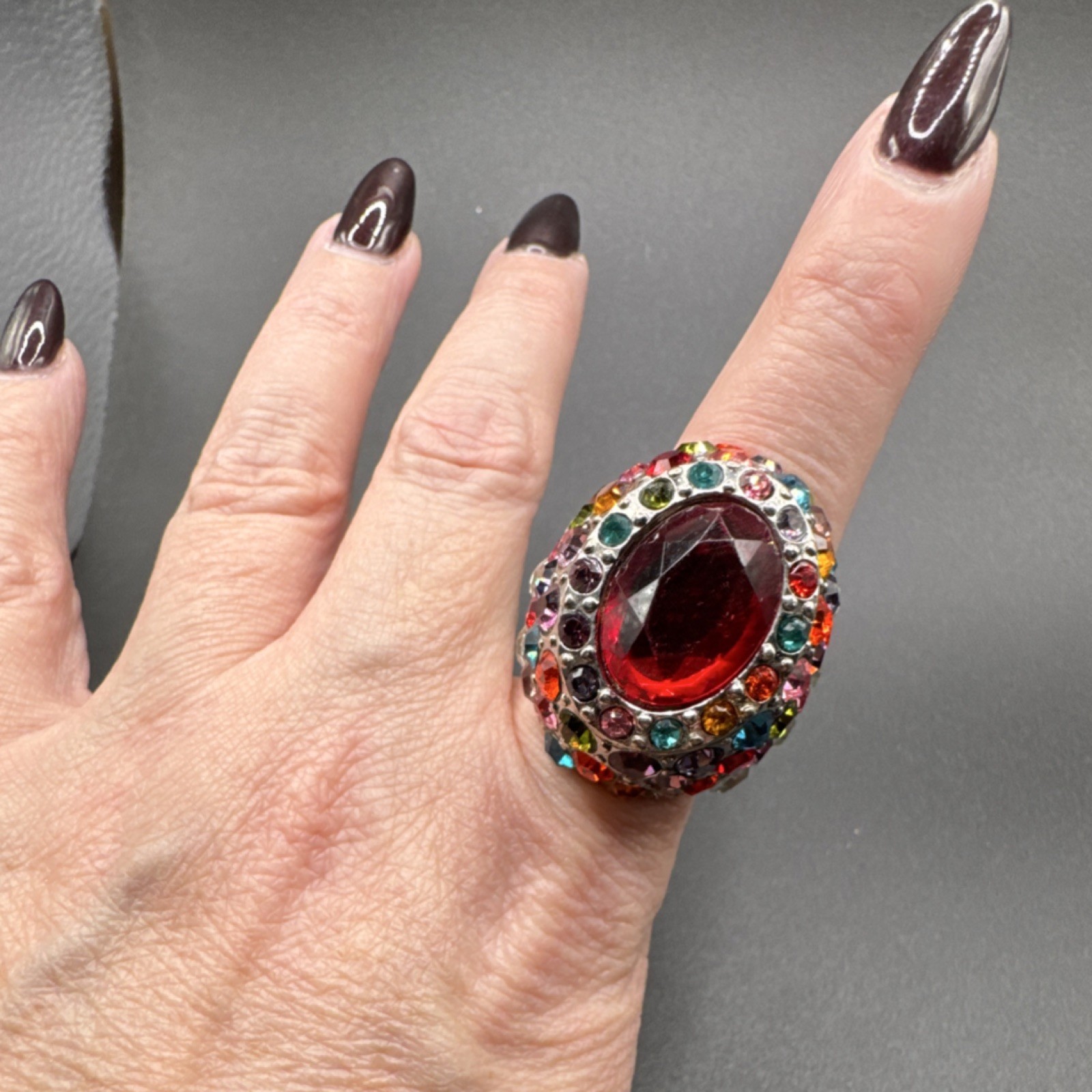 Multicolor Adjustable Cocktail Ring, Red Oval Sto… - image 3