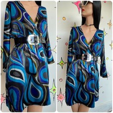 Y2K Blue Swirl Long Top Mini Dress Psychedelic Cyber Grunge Rave Polyester M