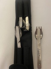 Four (4) Stainless Steel 3Pcs Folding Camping Picnic Cutlery Utensil Set Pouch