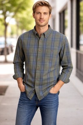 C.E. Schmidt Button Down Shirt Mens 2XT Green Blue Flannel Plaid Casual Top Long